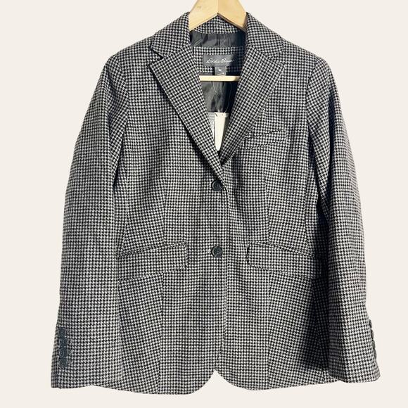 Eddie Bauer Black Brown Houndstooth Classic Wool Blazer Jacket Size 4P - Picture 1 of 8